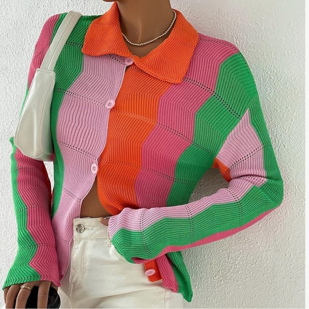 Verdusa Women's Colorblock Collar Long Sleeve Button Down Cardigan Sweater
